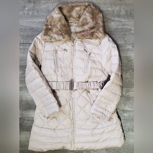 Laundry by Shelli Segal Women's Satin Quilted Long Puffer Coat with Cinch Waist